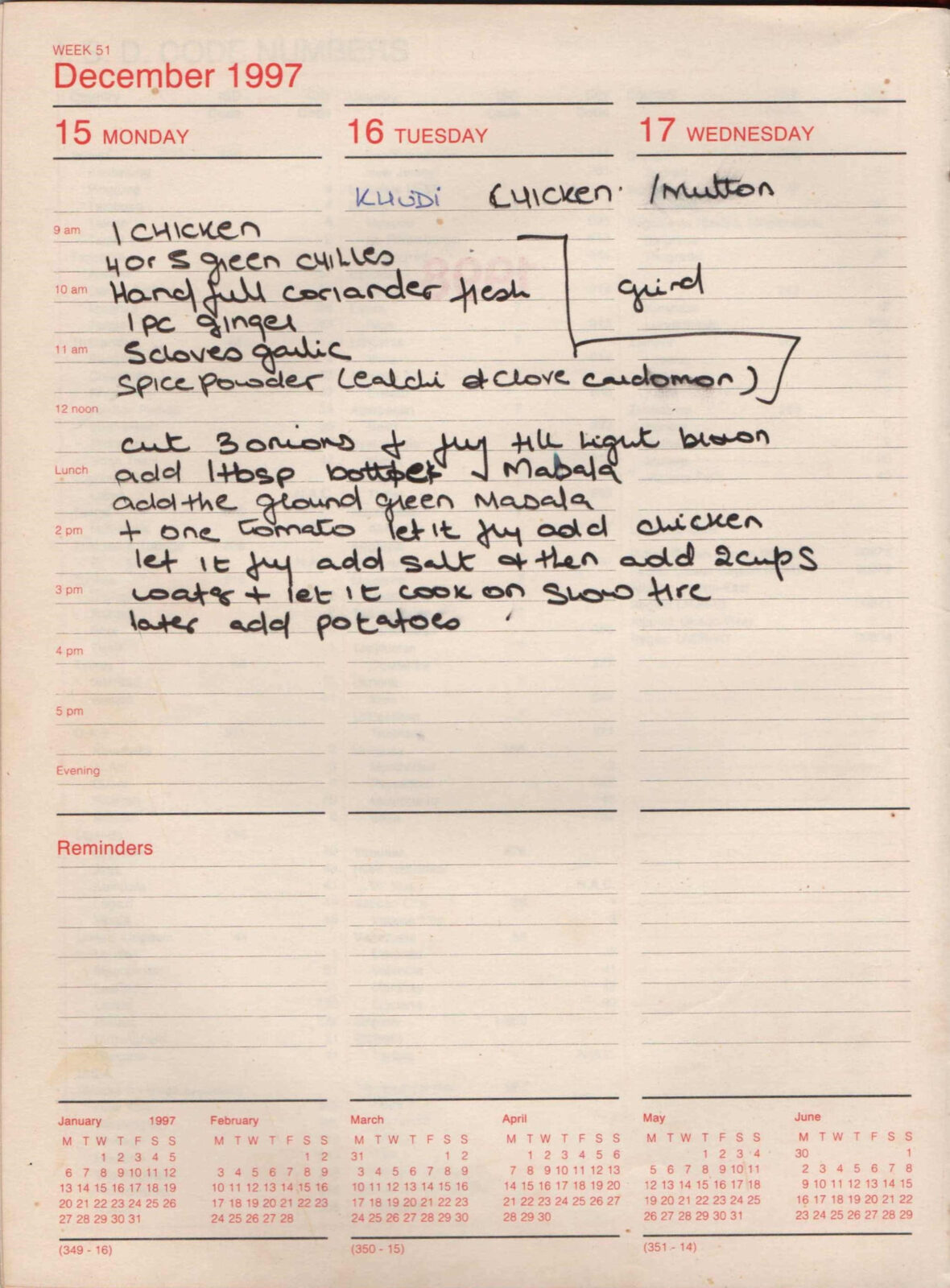 Original handwritten page for Khudi Chicken (or Mutton)