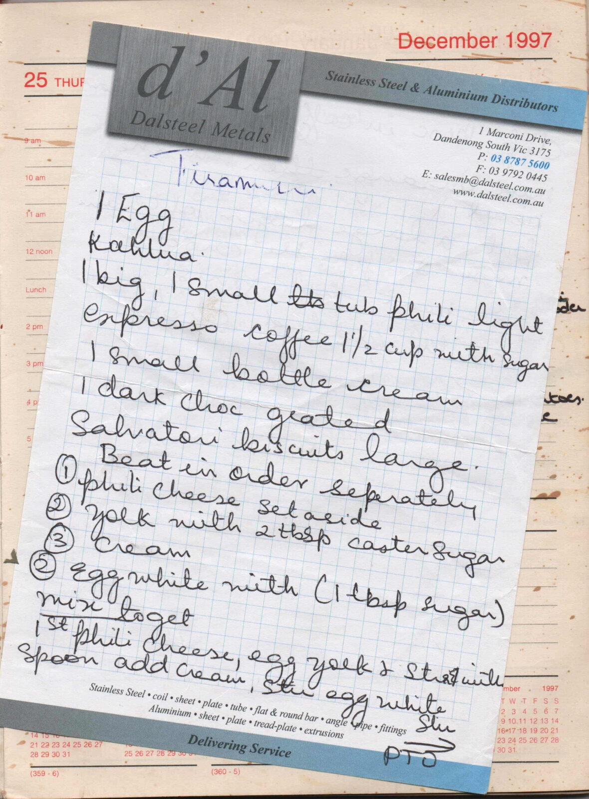 Original handwritten page for Tiramisu