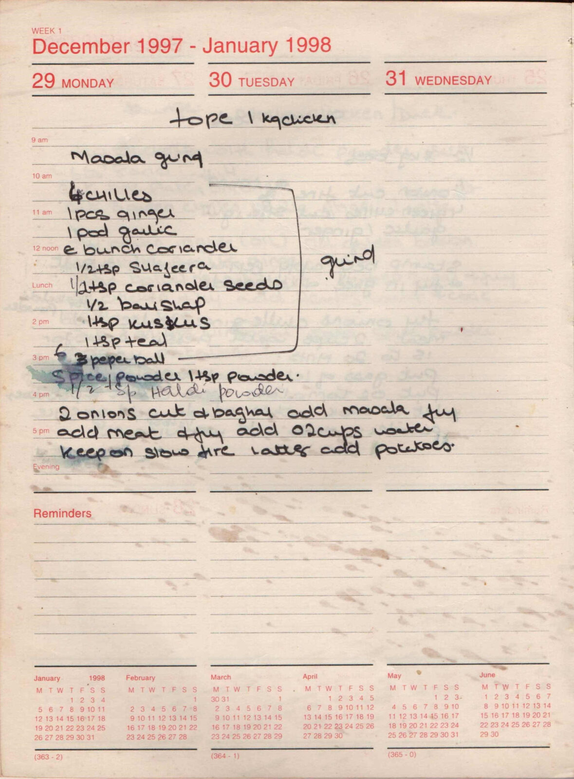 Original handwritten page for Chicken Curry with Potatoes
