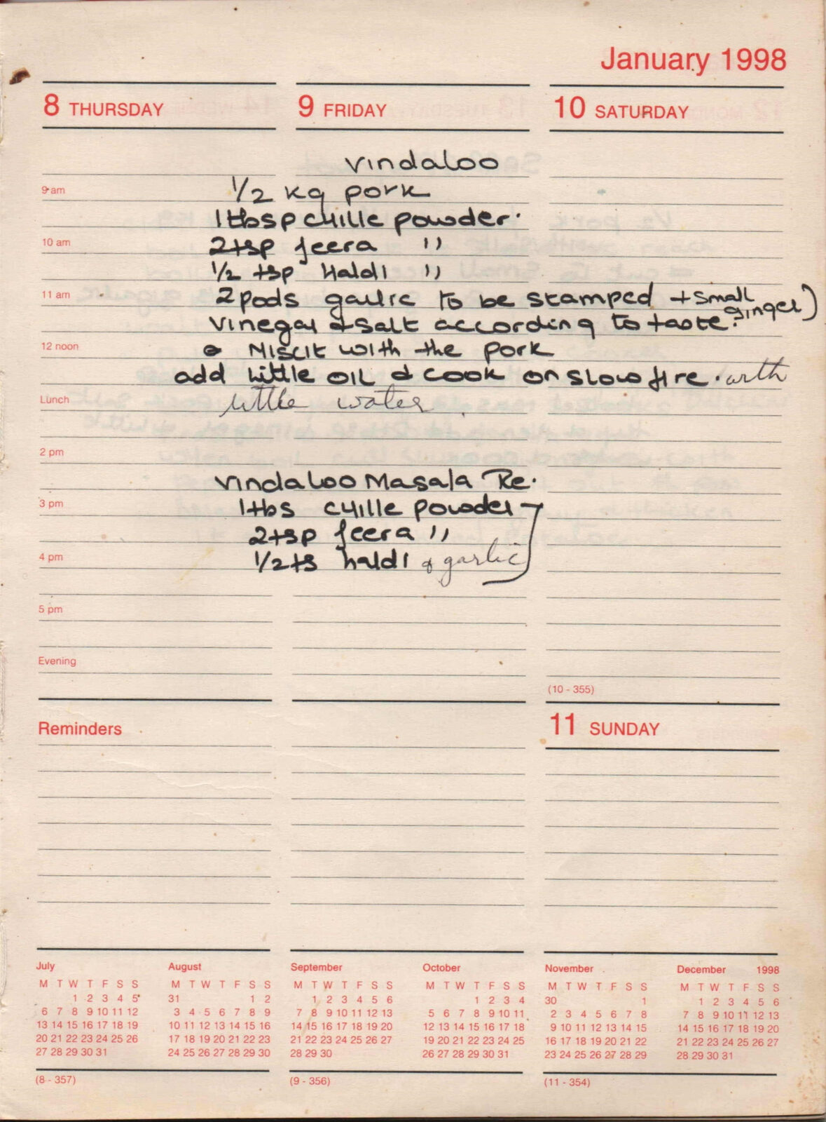 Original handwritten page for Vindaloo