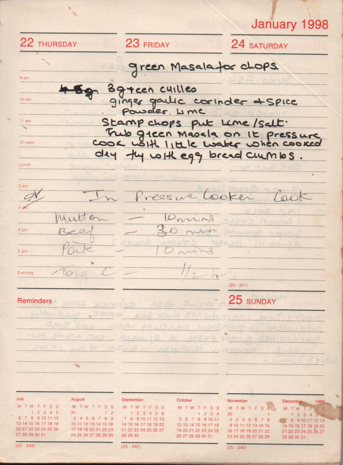 Original handwritten page for Green Masala for Chops