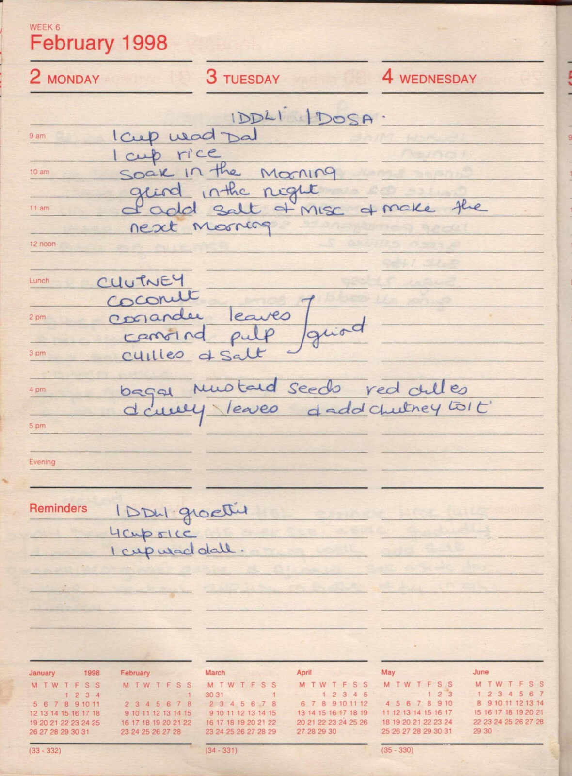 Original handwritten page for Iddli / Dosa with Coconut Chutney