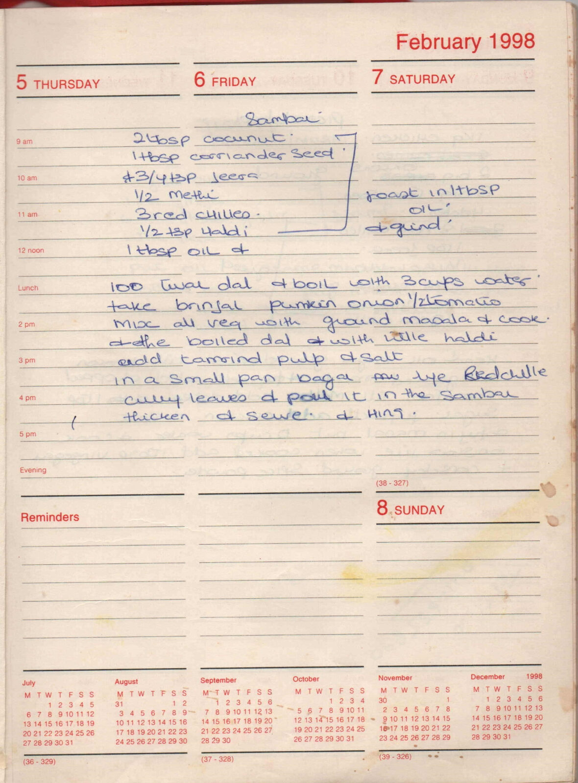 Original handwritten page for Sambar