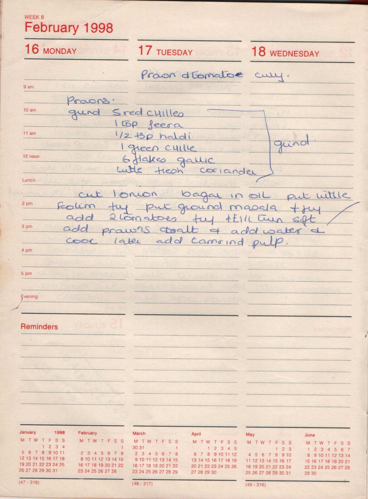 Original handwritten page for Prawn and Tomato Curry