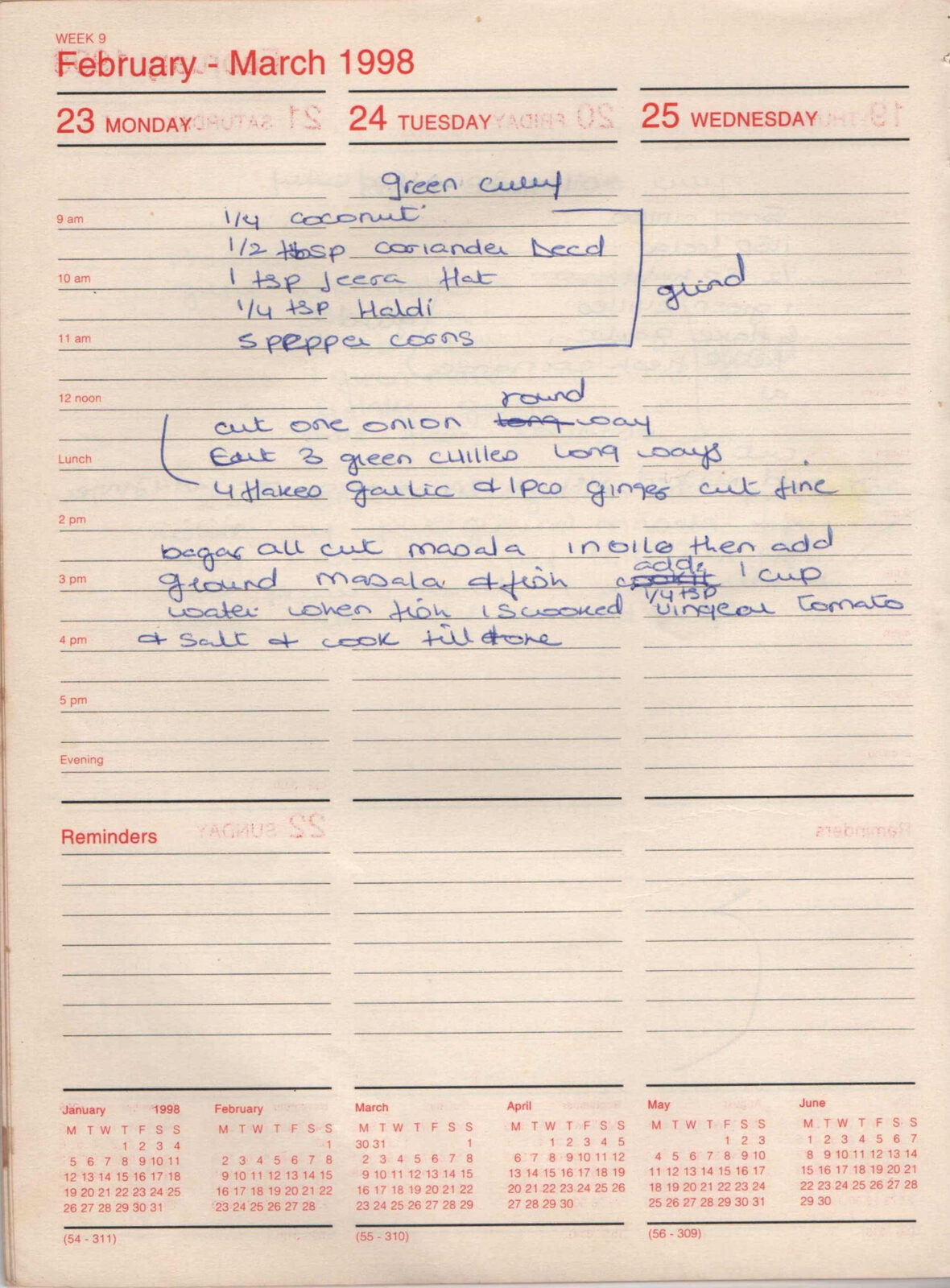 Original handwritten page for Green Curry