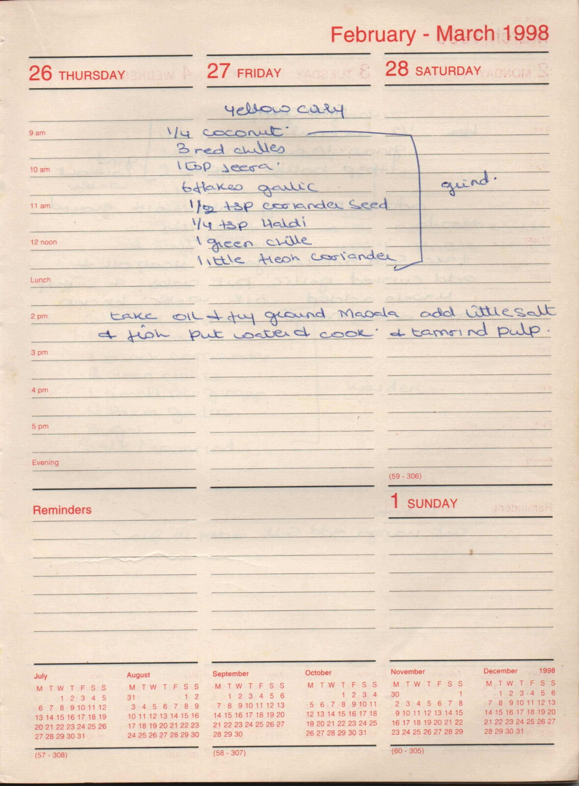 Original handwritten page for Yellow Curry