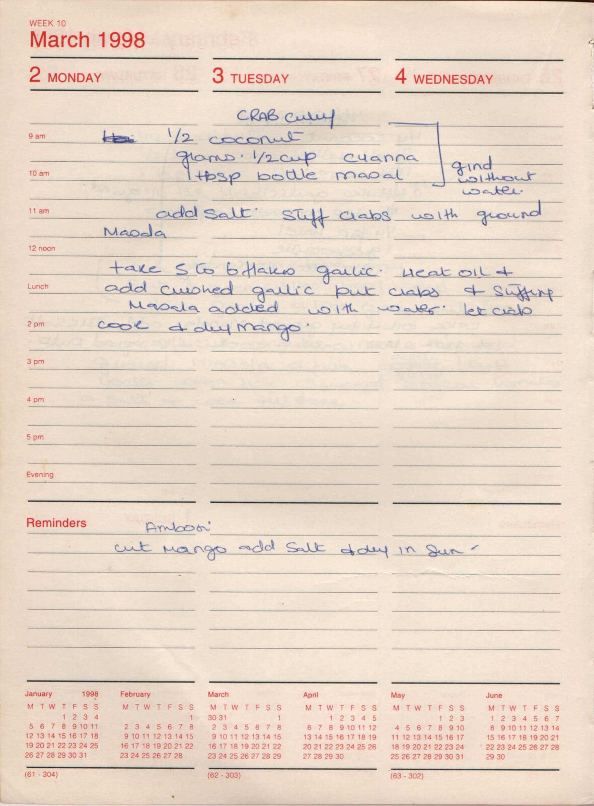 Original handwritten page for Crab Curry