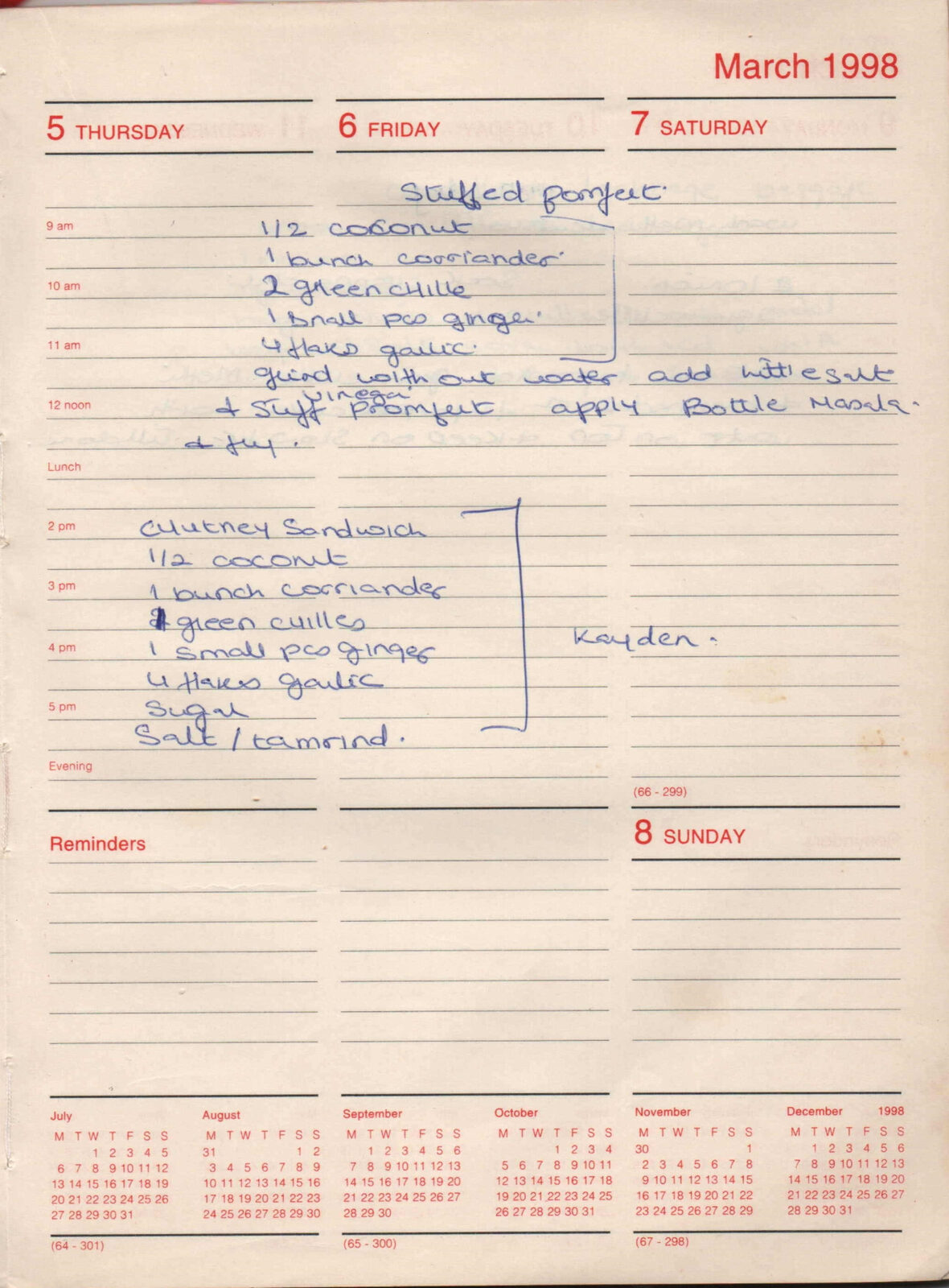 Original handwritten page for Stuffed Pomfret