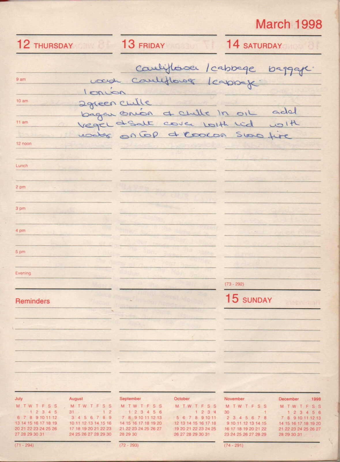 Original handwritten page for Cauliflower / Cabbage Bhaji