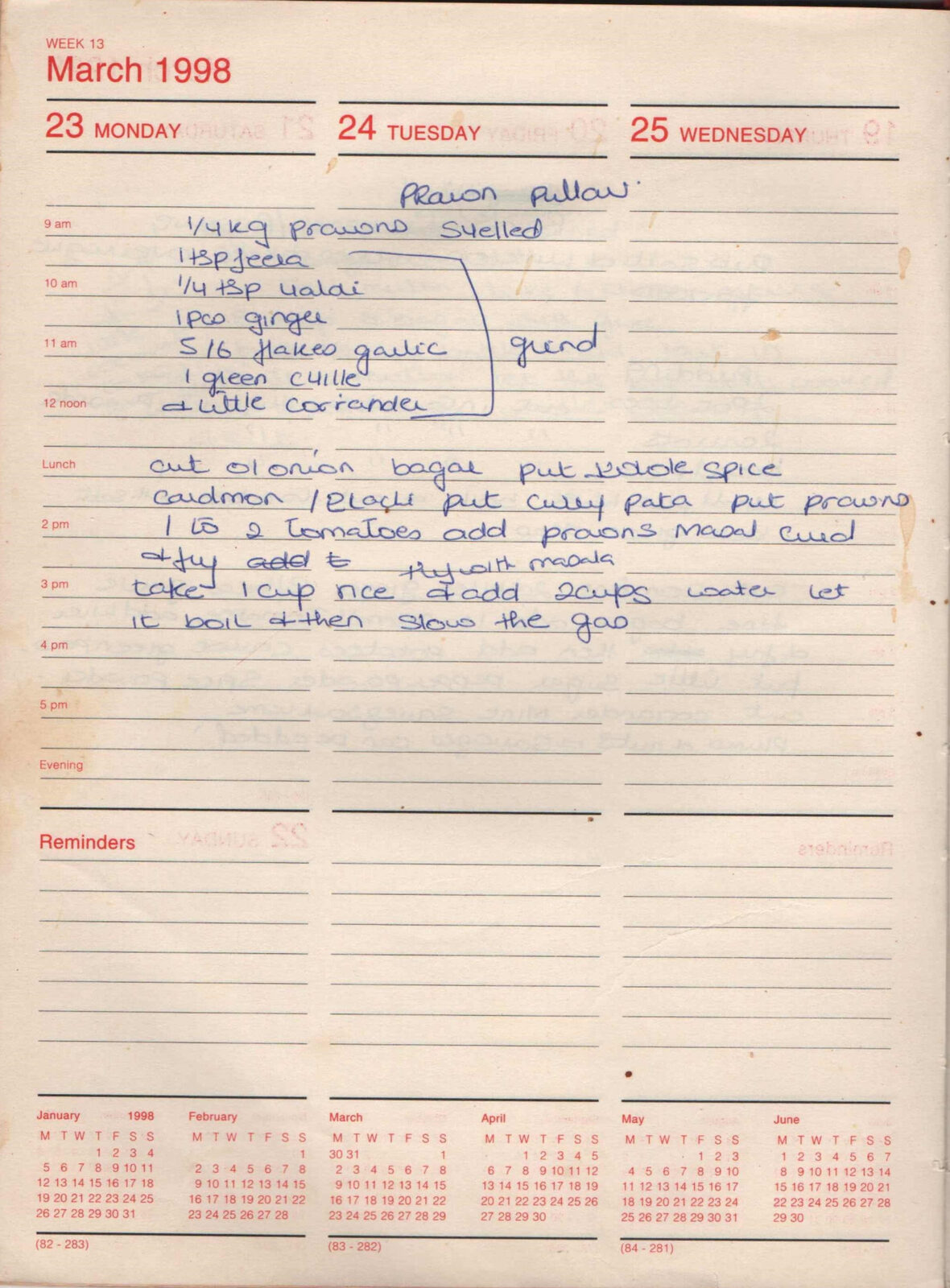 Original handwritten page for Prawn Pulao