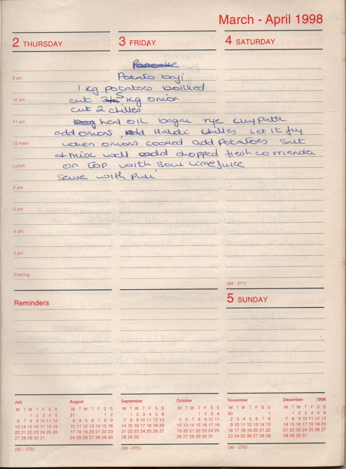 Original handwritten page for Potato Bhaji