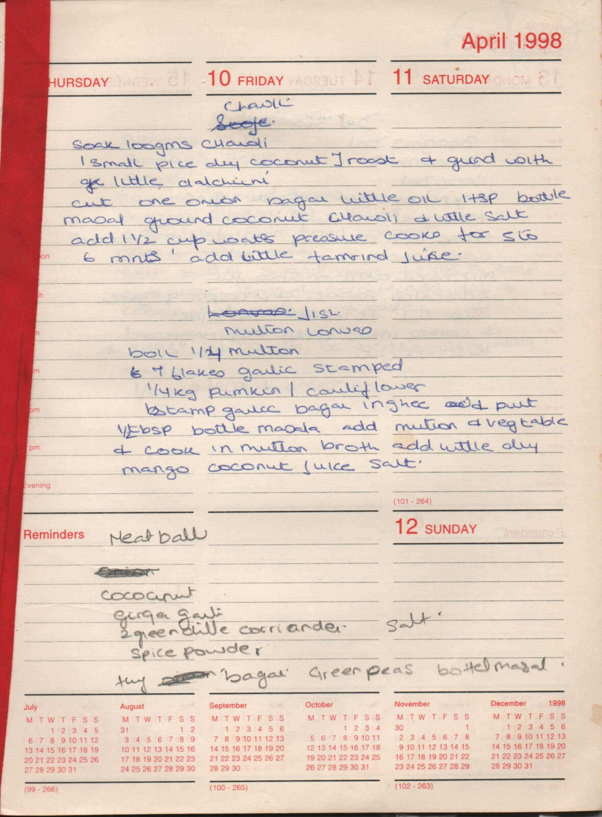 Original handwritten page for Chaudi (Chick Pea Curry) and Mutton Lonwo