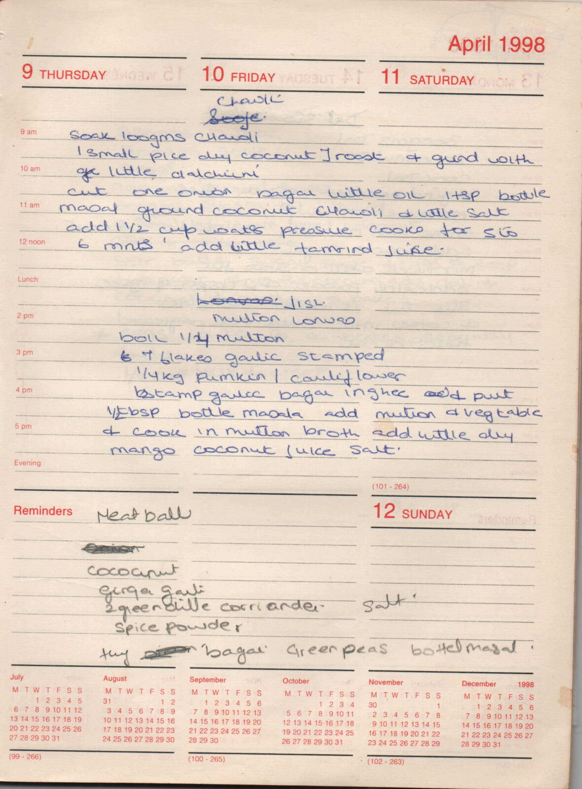 Original handwritten page for Chaudi (Chick Pea Curry) and Mutton Lonwo