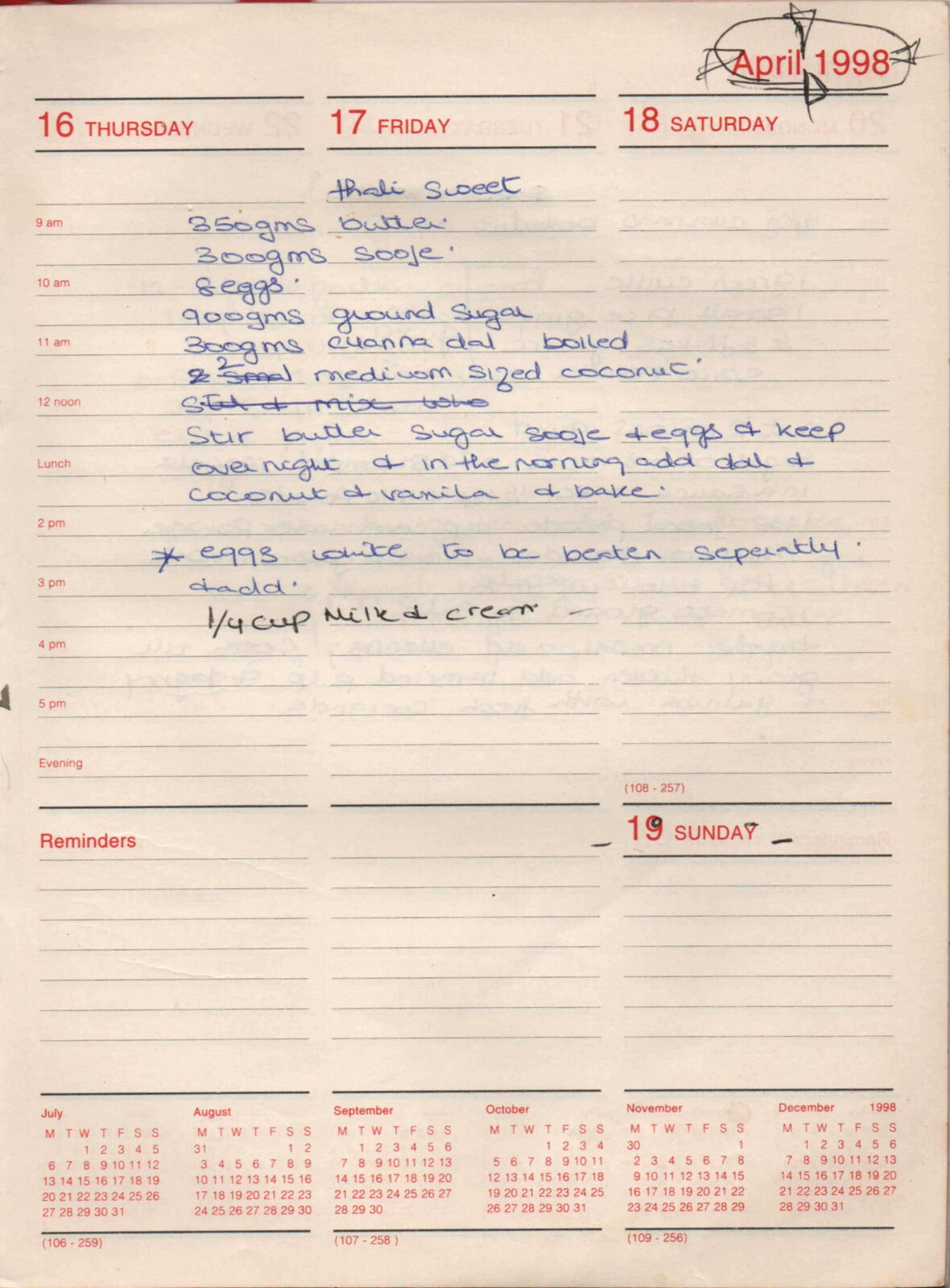 Original handwritten page for Thali Sweet (Sooji and Dal Bake)