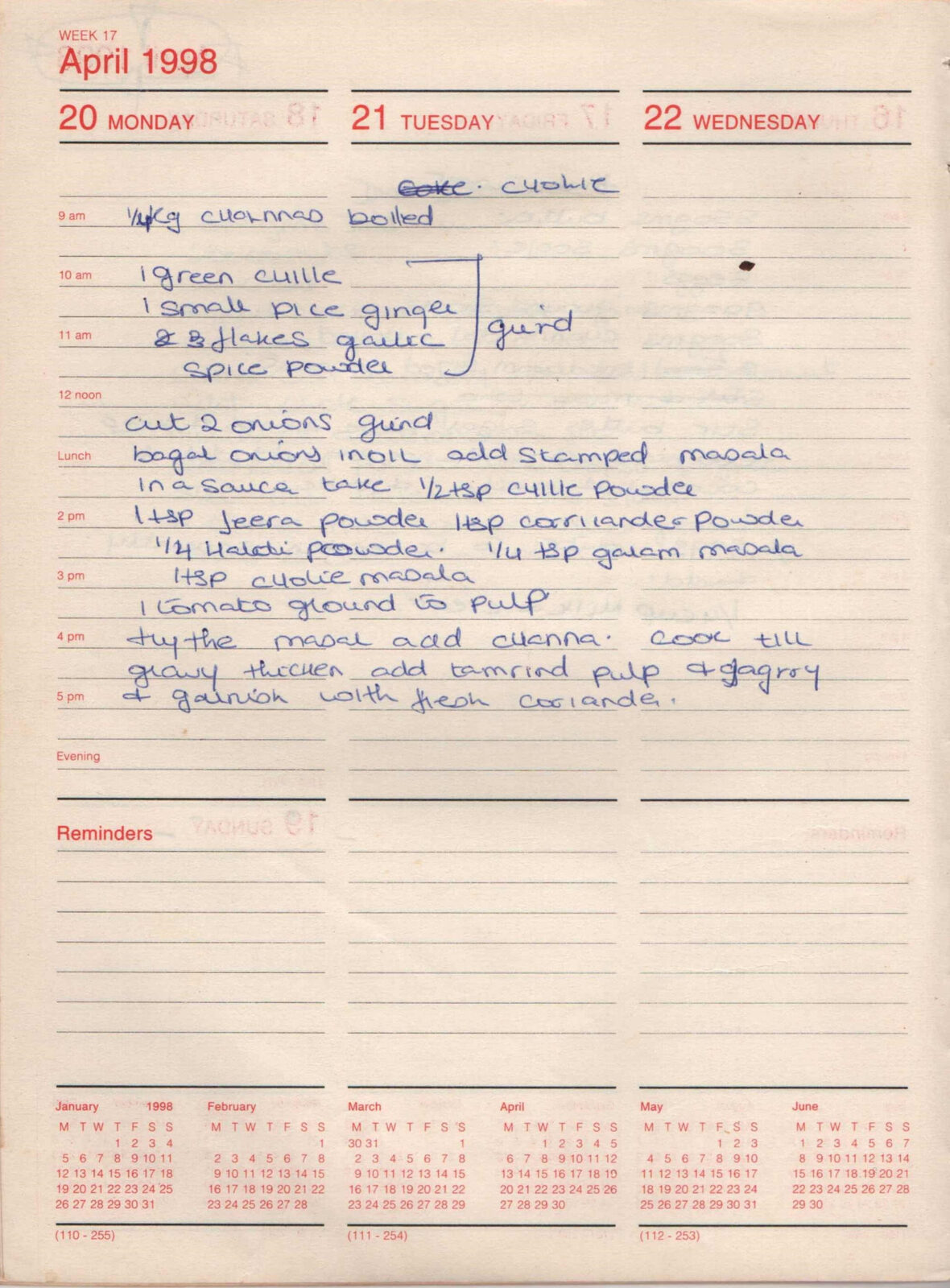 Original handwritten page for Channa (Chickpea) Curry