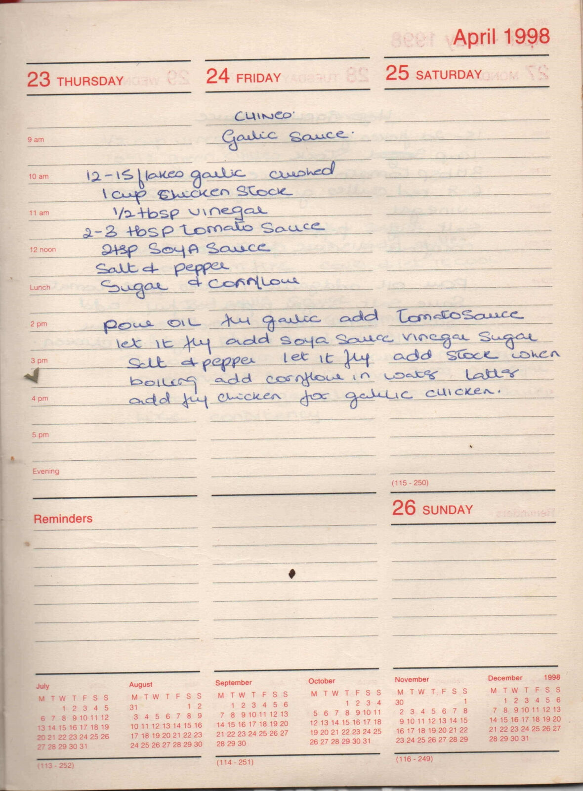 Original handwritten page for Chinese Garlic Sauce (for Garlic Chicken)