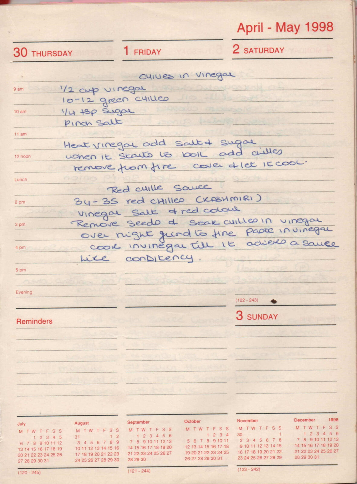 Original handwritten page for Chillies in Vinegar and Red Chille Sauce