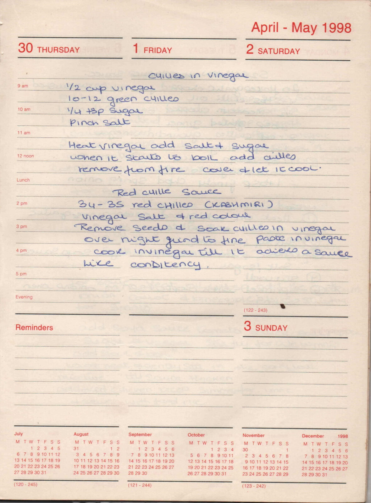 Original handwritten page for Chillies in Vinegar and Red Chille Sauce