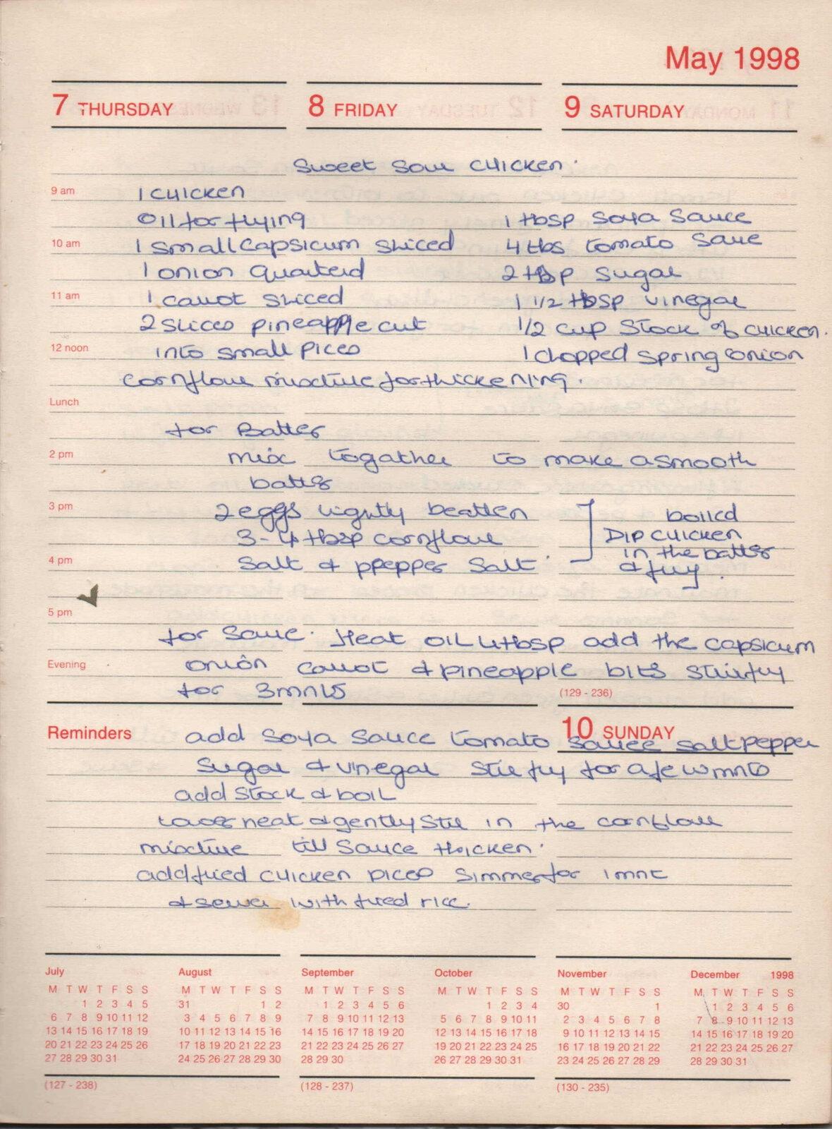 Original handwritten page for Sweet and Sour Chicken