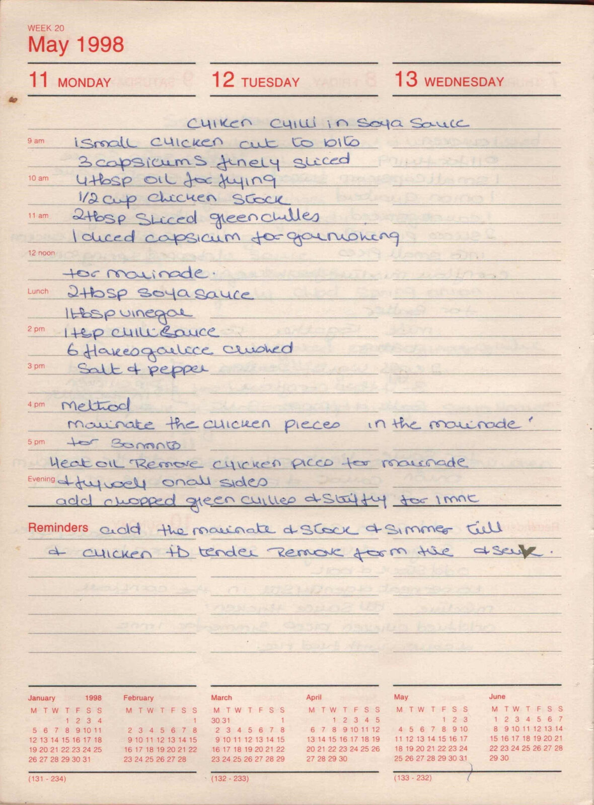 Original handwritten page for Chicken Chilli in Soya Sauce