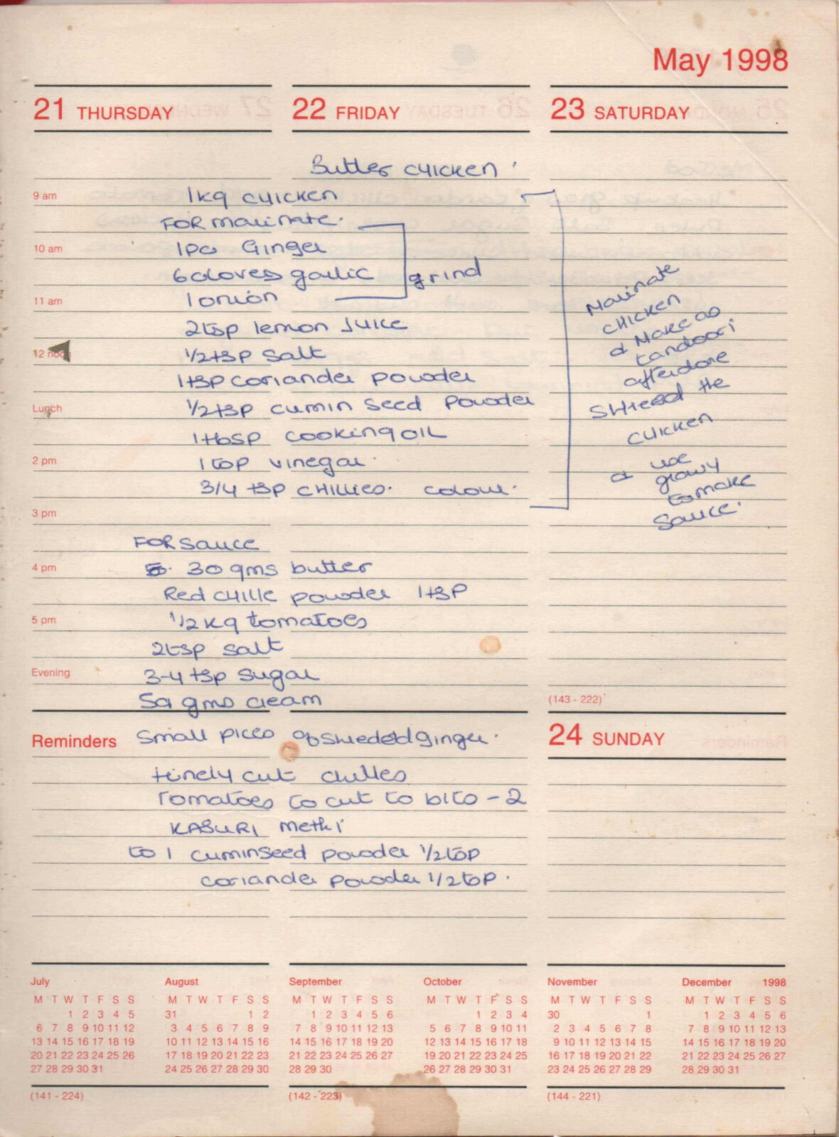 Original handwritten page for Butter Chicken