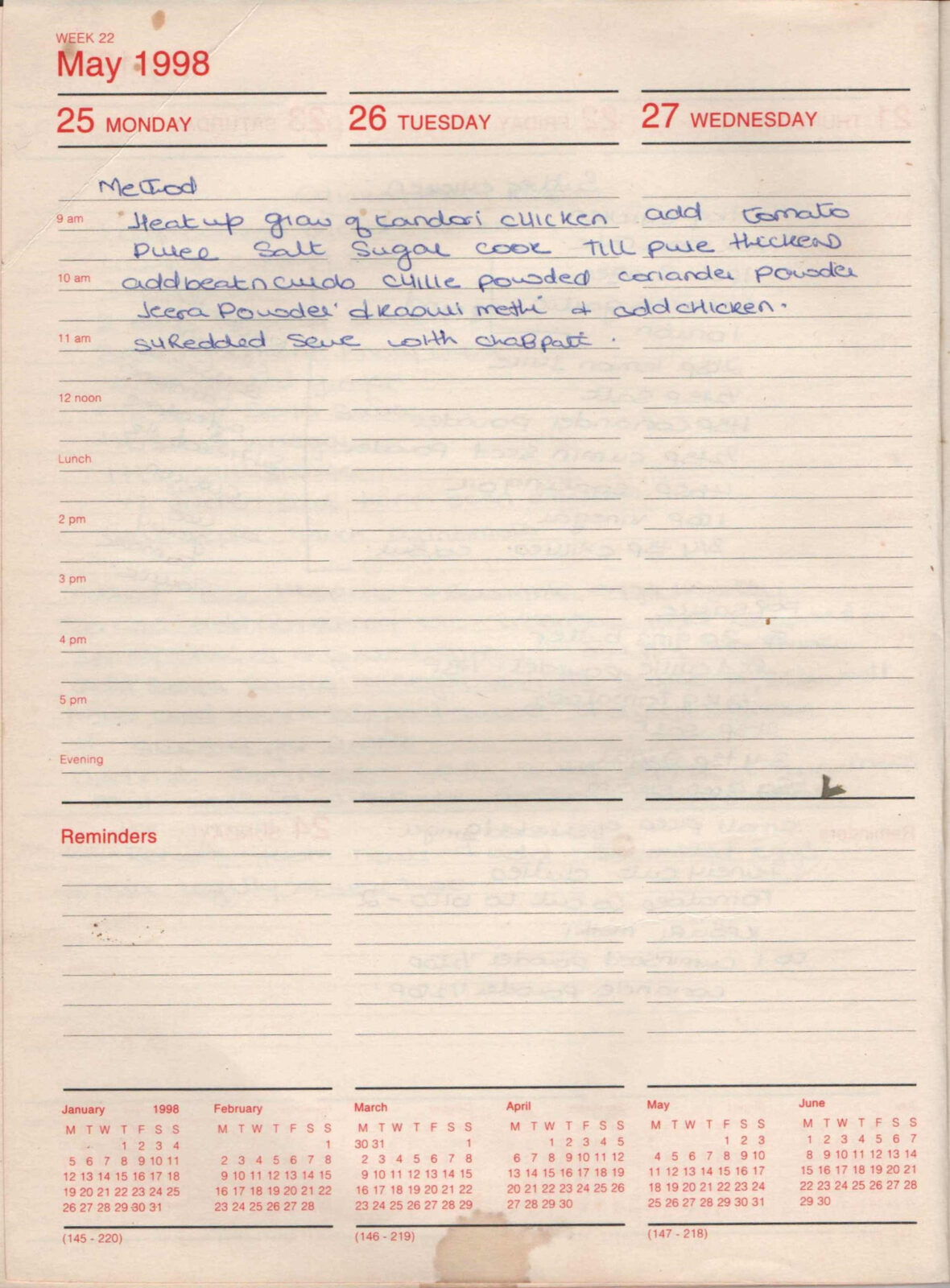 Original handwritten page for Butter Chicken (Method, continuation)