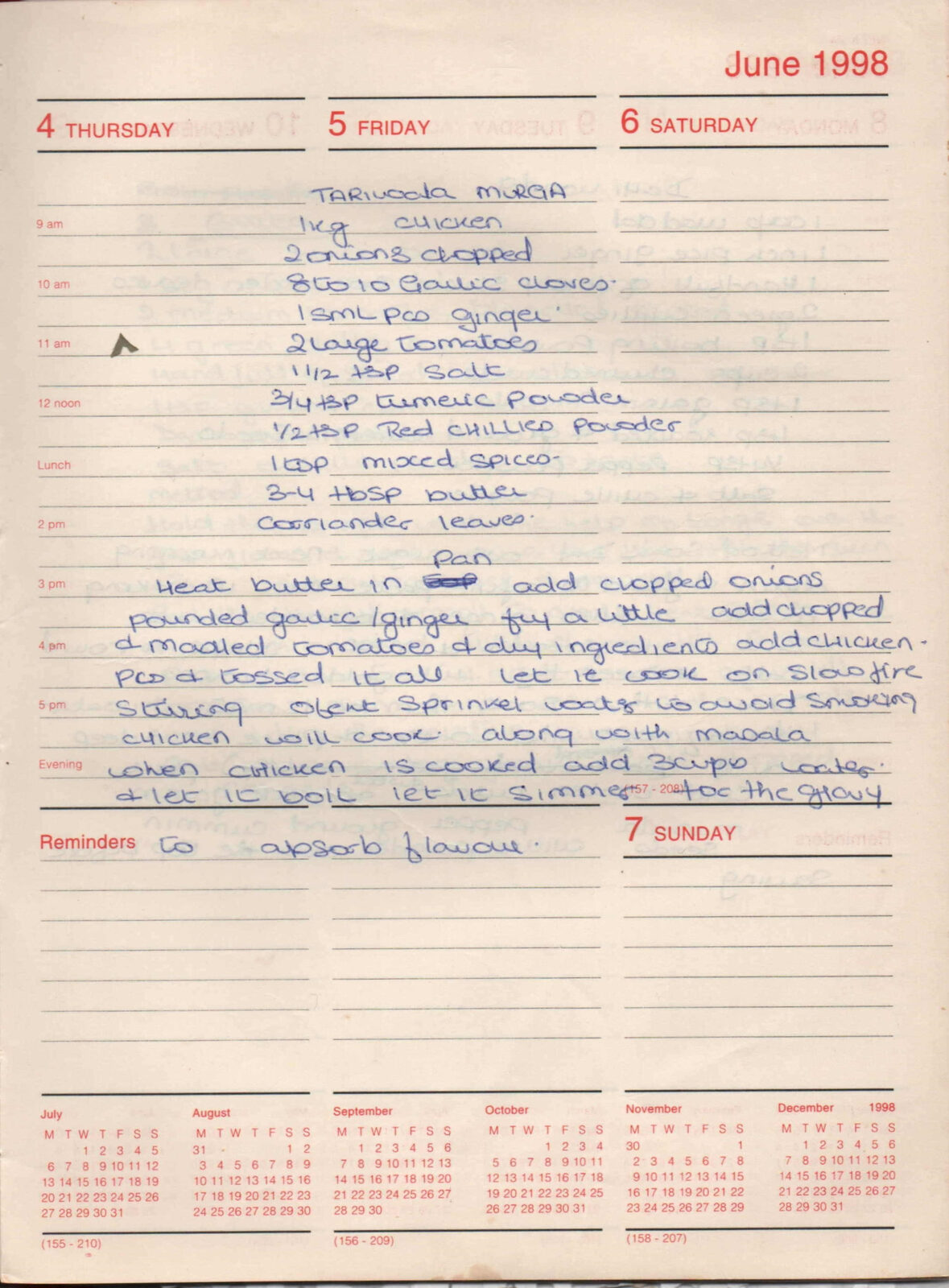 Original handwritten page for Tariwala Murga (Chicken in Gravy)