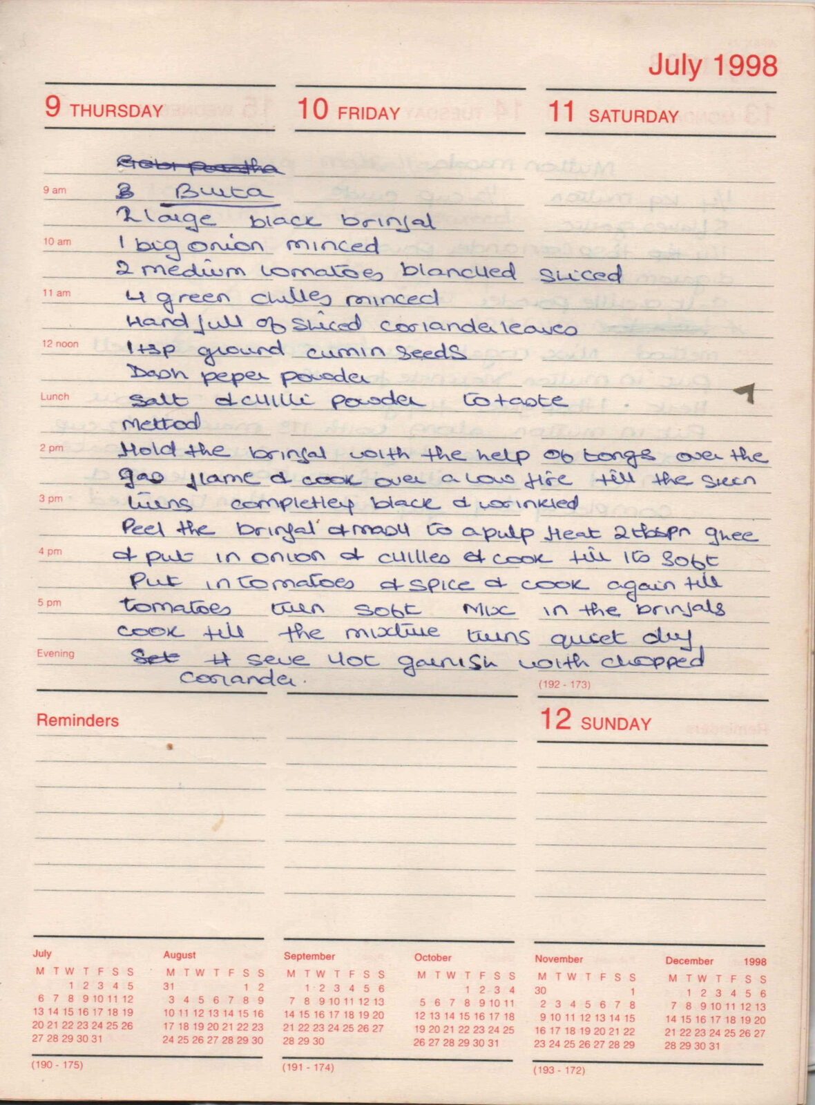 Original handwritten page for Burta (Brinjal Bharta)