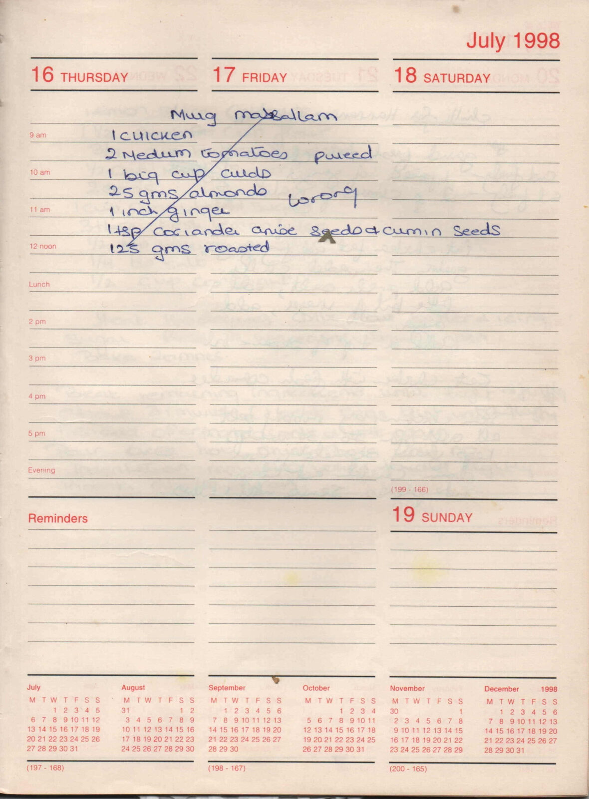 Original handwritten page for Murg Mussallam (ingredients)