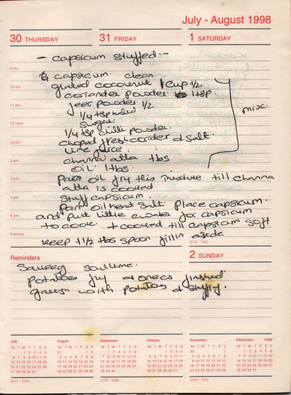 Original handwritten page for Capsicum Stuffed