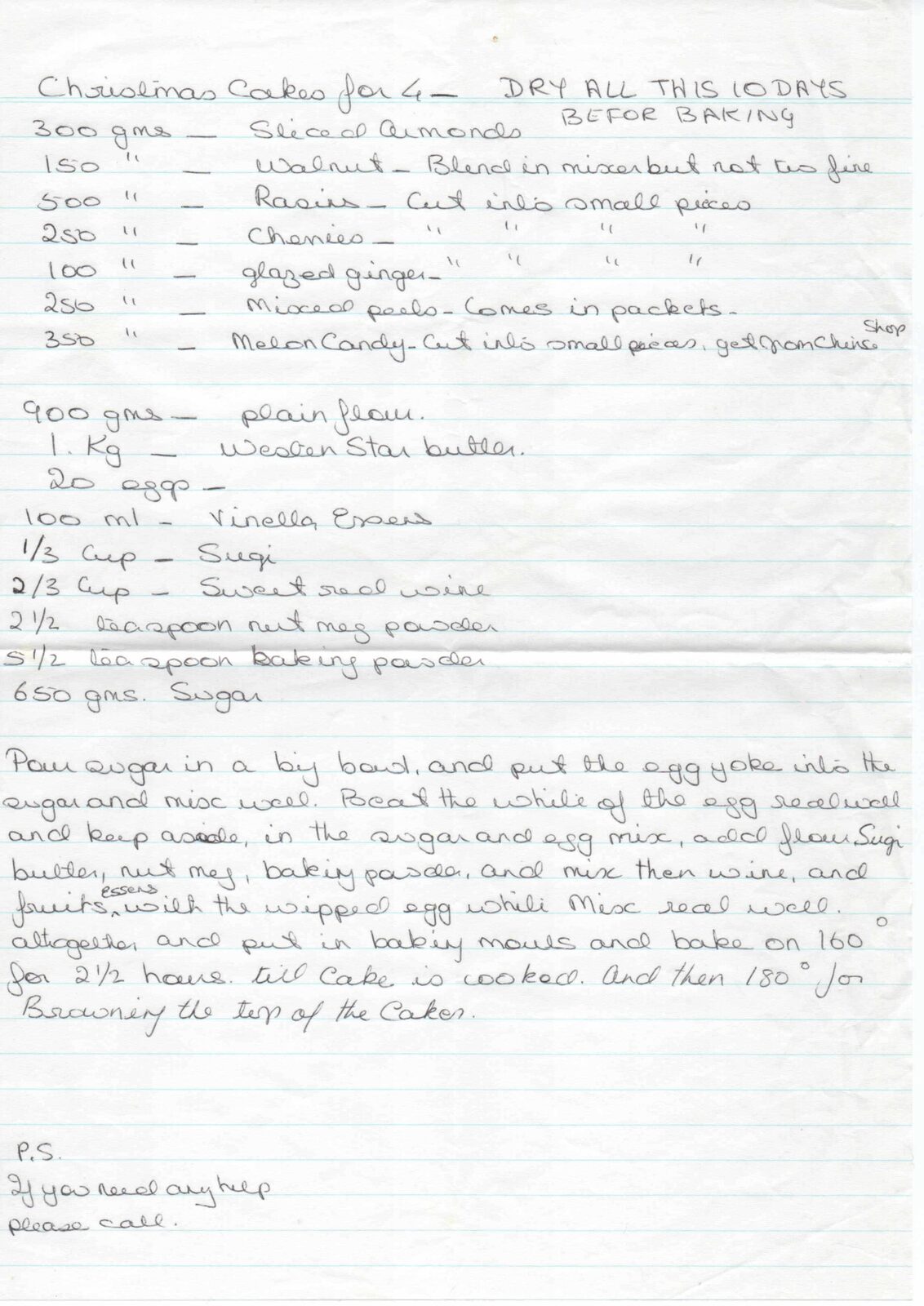 Original handwritten page for Christmas Cakes (for 4)