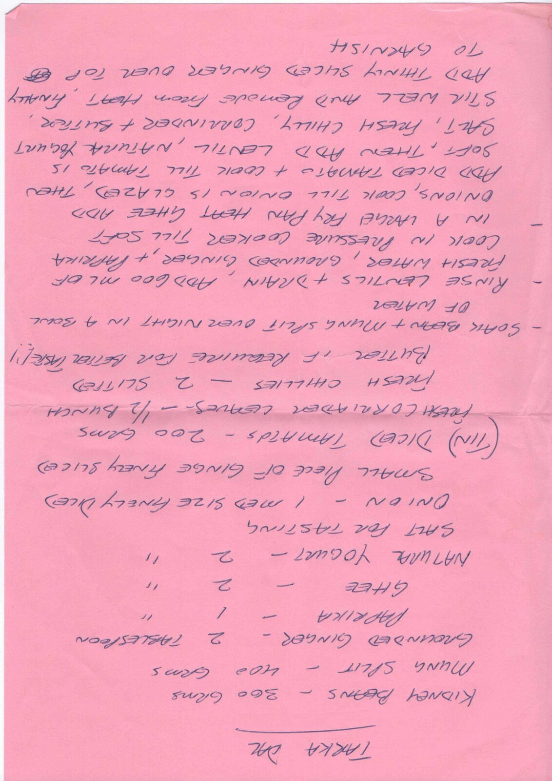 Original handwritten page for Tarka Dal