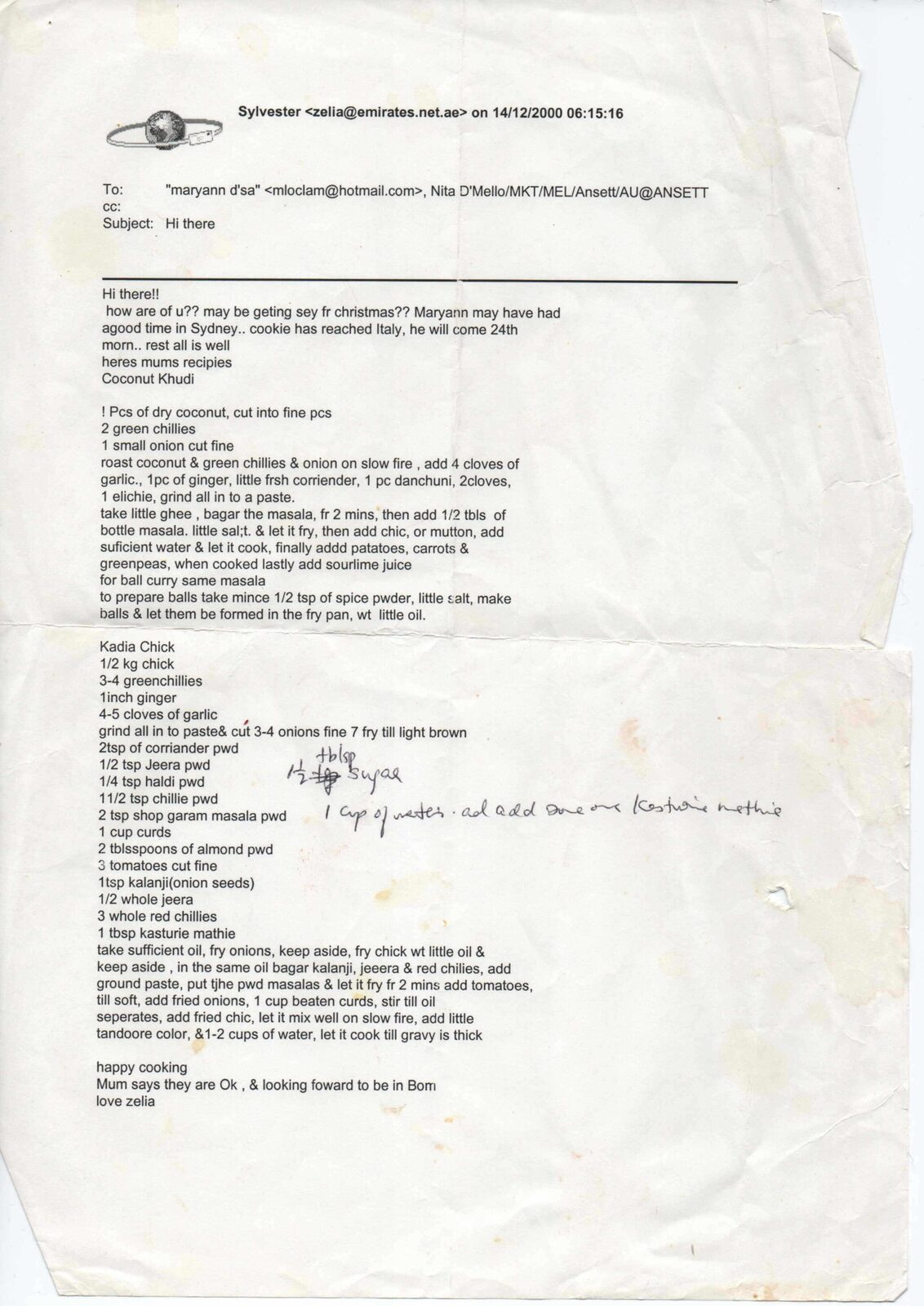 Original handwritten page for Coconut Khudi & Kadia Chicken (printed email from Zelia)